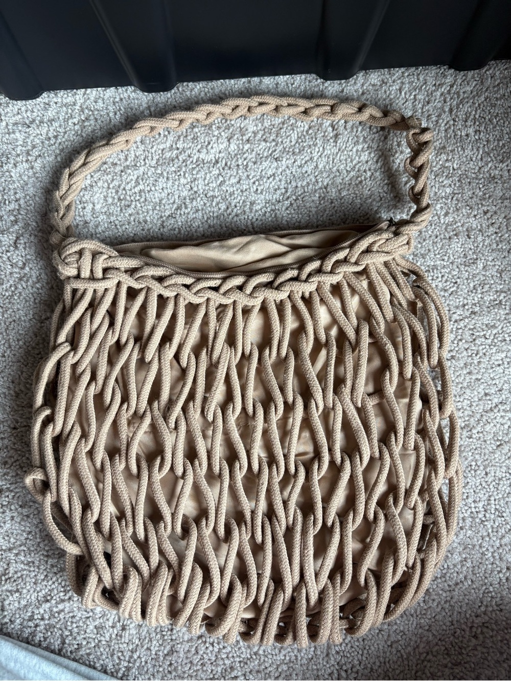 Braided Macramé Shoulder Bag in Beige